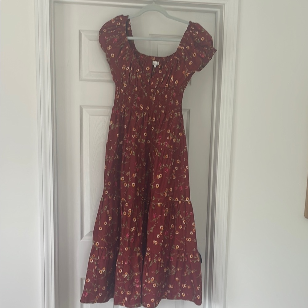 Danielle Bernstein Red Smocked Puff Sleeve Sundress, M
